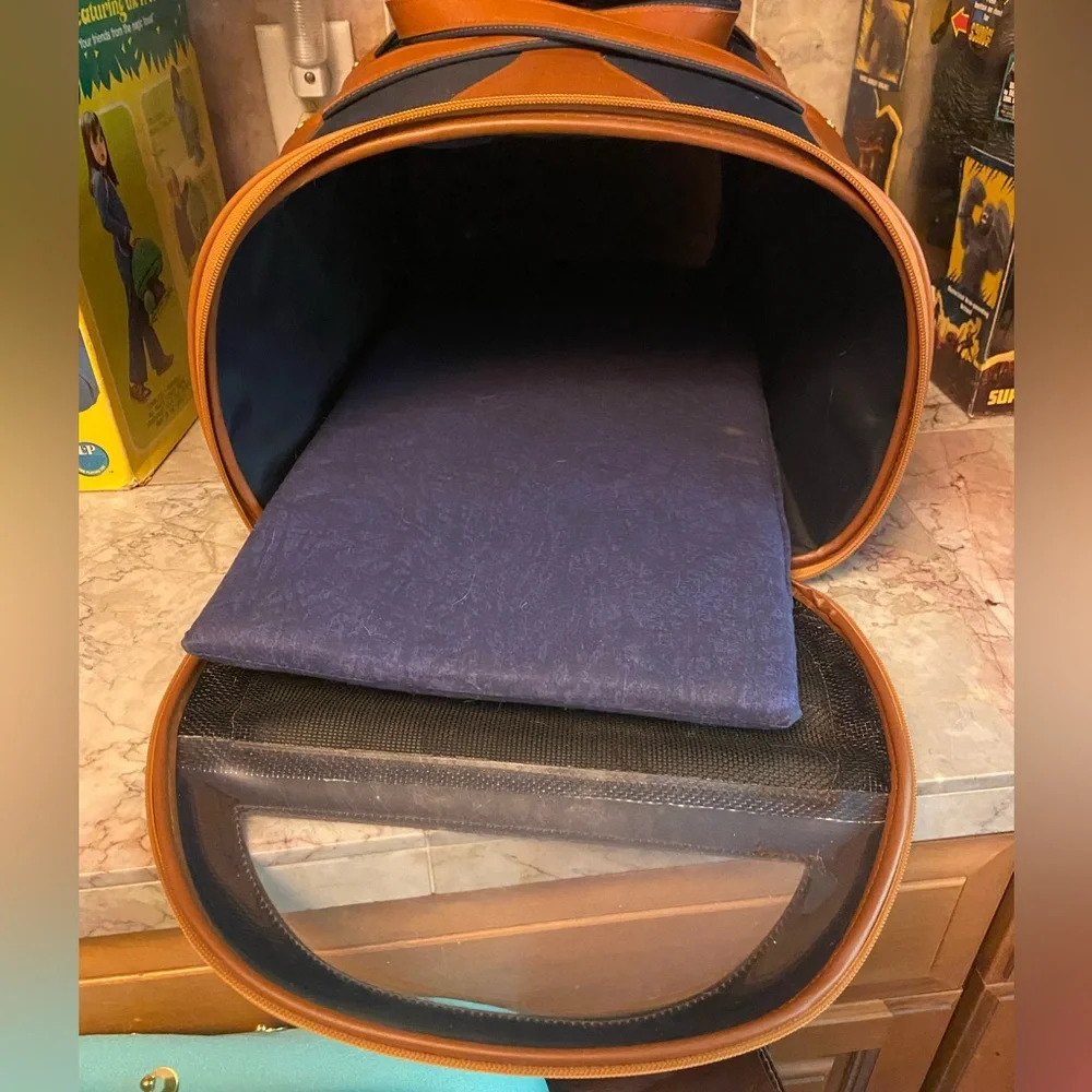 Vintage Carlaid Paris Handcrafted Navy Canvas & Leather Small Pet Carrier